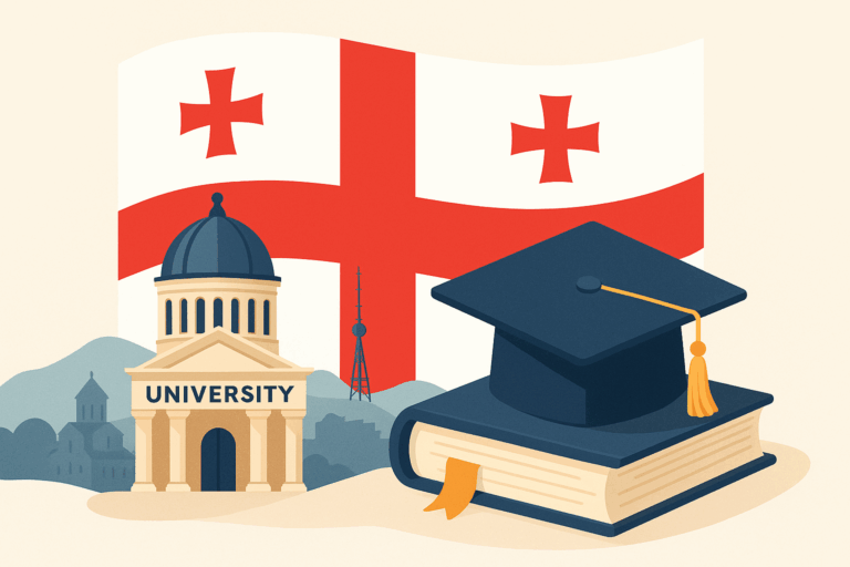 التسجيل بالجامعات الجورجية خطوة بخطوة مع أبشر "التسجيل بالجامعات الجورجية – تصميم تعبير عن الدراسة في جورجيا مع علم جورجيا ومبنى جامعي